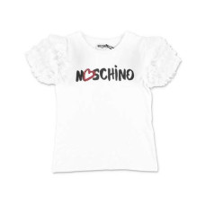 Moschino T-shirt bianca a manica corta in tulle glitterato con logo lettering