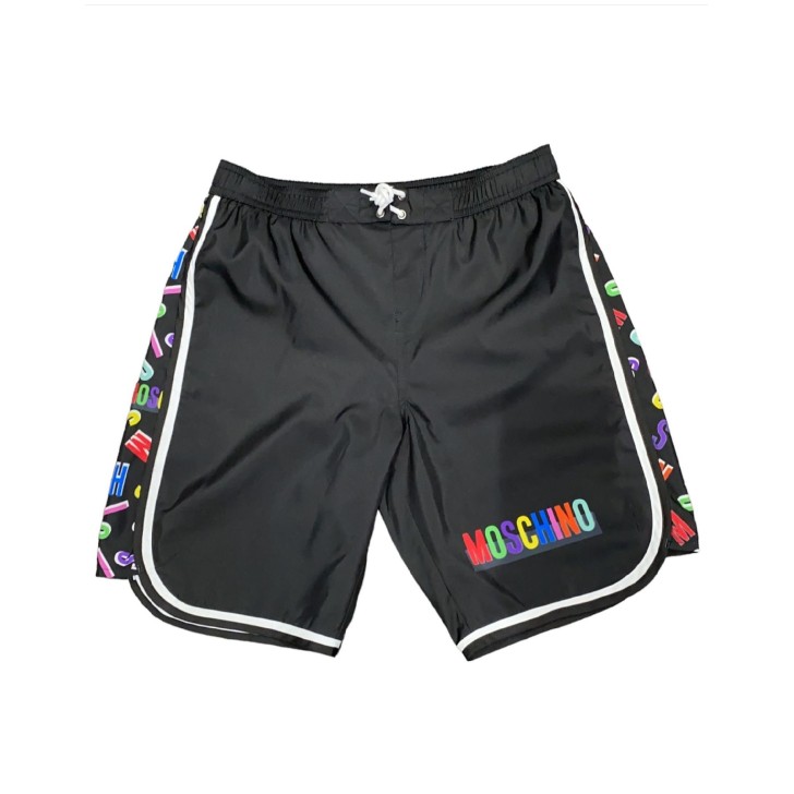 Moschino Boxer da mare nero con logo lettering multicolor