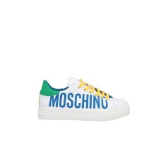 Moschino Sneakers bianca in pelle con maxi logo stampato lettering blu