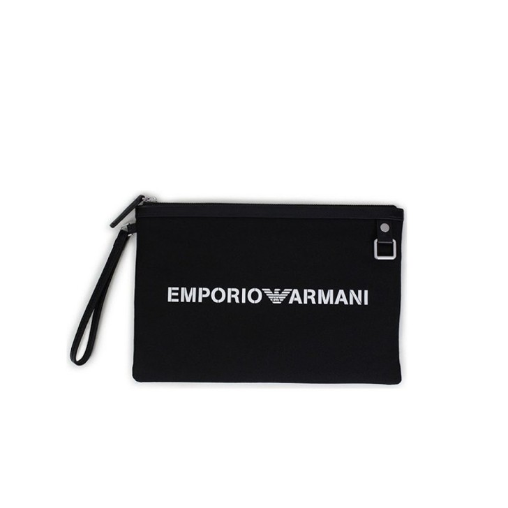 Emporio Armani Pochette in nylon Nera con laccio da polso e logo lettering stampato