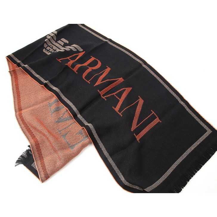EMPORIO ARMANI SCIARPA IN MISTO LANA BLACK CON LOGO LETTERING ORANGE
