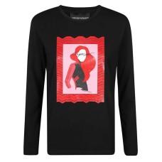 Emporio Armani Maglia in cotone a manica lunga Nera con maxi stampa e logo lettering