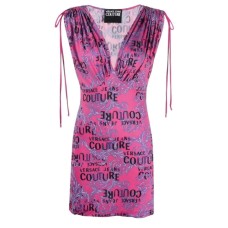 Versace Jeans Couture Miniabito da Donna Fucsia/Viola in morbido jersey con stampa Logo Couture