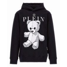 Philipp Plein Felpa nera in cotone con cappuccio e maxi logo PLEIN e orsetto Teddy con logo PP All Over