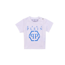 Philipp Plein T-shirt a manica corta bianca in cotone con maxi logo azzurro stampato