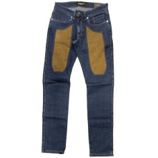 Jeckerson Jeans denim blu cinque tasche con toppe in Alcantara cammello 