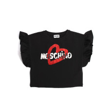 Moschino T-shirt nera a manica corta con ruches e Logo lettering stampato