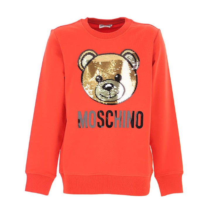 Moschino Couture felpa rossa con logo Teddy in paillettes e logo lettering stampato 