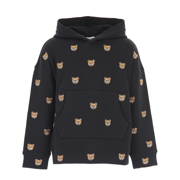 Moschino Felpa in cotone Nera con cappuccio con logo Teddy Bear All Over