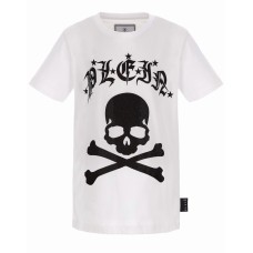 Philipp Plein T-shirt a manica corta bianca in cotone con maxi logo stampato e teschio in strass