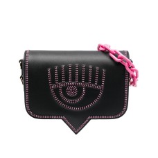 Chiara Ferragni Borsa a spalla Large Nera Logo EYELIKE con borchie rosa e tracolla in catena estraibile