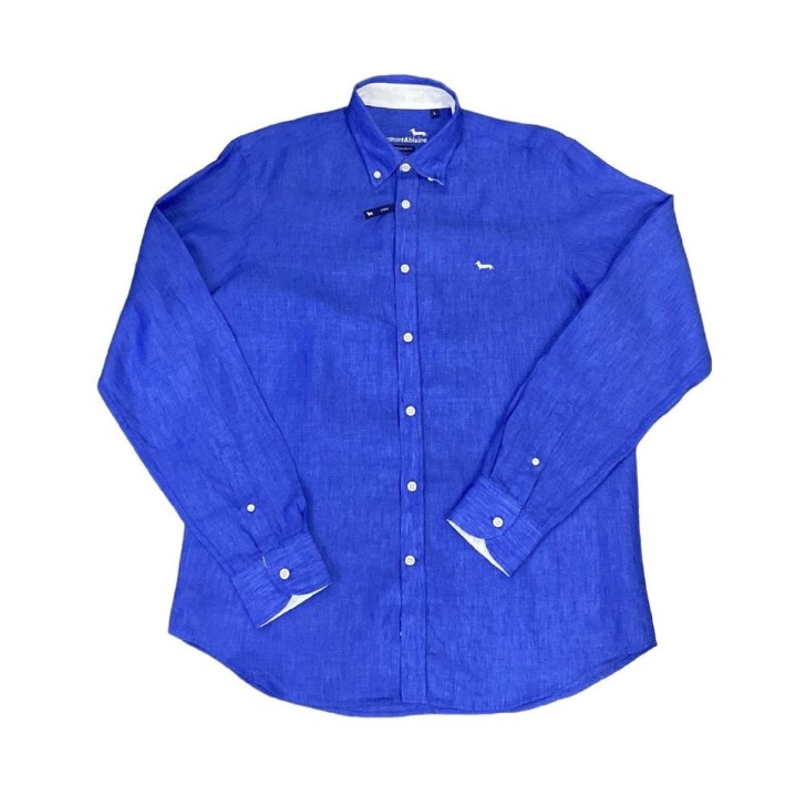Harmont&Blaine Camicia blu in lino da uomo con logo ricamato