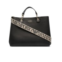 Emporio Armani Borsa a mano MyEA Bag Nera stampa cervo con tracolla in nastro con logo lettering All Over regolabile, estraibile