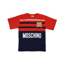 Moschino T-shirt in cotone bicolore rossa e blu a manica corta con logo lettering e Teddy stampato