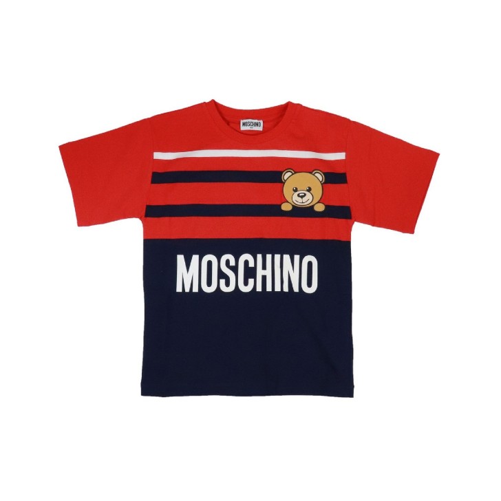 Moschino T-shirt in cotone bicolore rossa e blu a manica corta con logo lettering e Teddy stampato