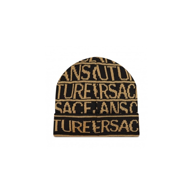 VERSACE JEANS COUTURE CAPPELLO UNISEX BLACK CON LOGO LETTERING GOLD ALL OVER