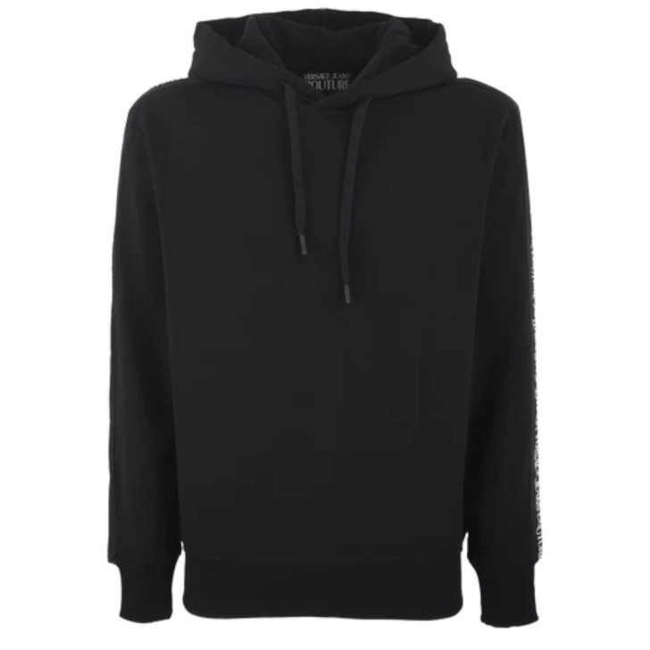 Versace Jeans Couture Felpa nera con cappuccio e bande alle maniche in nastro nero con logo