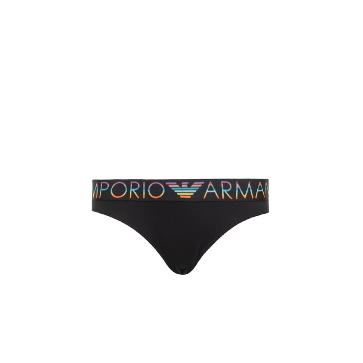 Emporio Armani Slip nero in cotone stretch con vita elastica e logo lettering multicolor