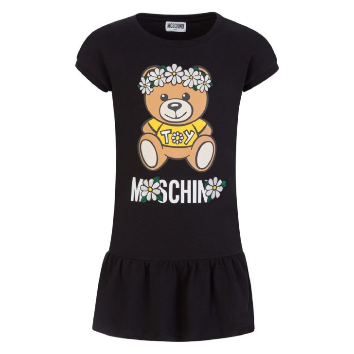 Moschino Abito nero in cotone con Teddy Bear e logo lettering