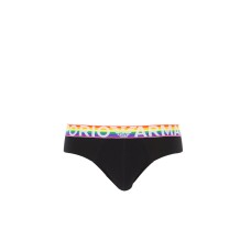 Emporio Armani Slip nero in cotone con vita elastica multicolore e logo lettering