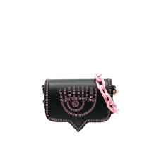 Chiara Ferragni Borsa Small Nera Logo EYELIKE con borchie rosa e doppia tracolla estraibile