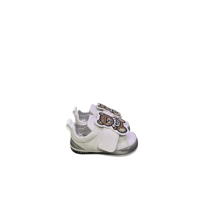 Moschino Sneakers bianca in pelle con inserti argento laminato e Patch Moschino Teddy Bear con strass