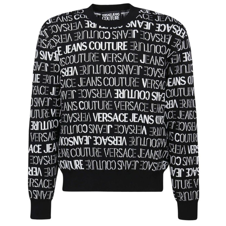 Versace Jeans Couture Maglioncino Nero con logo Lettering All Over Bianco
