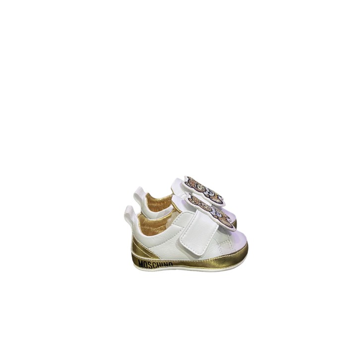 Moschino Sneakers bianca in pelle con inserti oro laminato e Patch Moschino Teddy Bear con strass