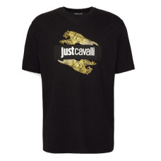 Just Cavalli T-shirt nera in jersey di cotone a manica corta con logo stampato