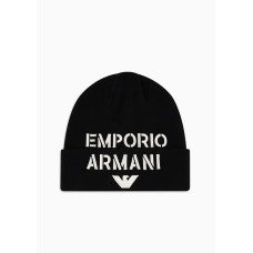 EMPORIO ARMANI BERRETTO IN MISTO LANA BLACK CON MAXI LOGO LETTERING RICAMATO	