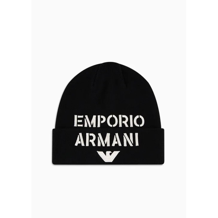 EMPORIO ARMANI BERRETTO IN MISTO LANA BLACK CON MAXI LOGO LETTERING RICAMATO	