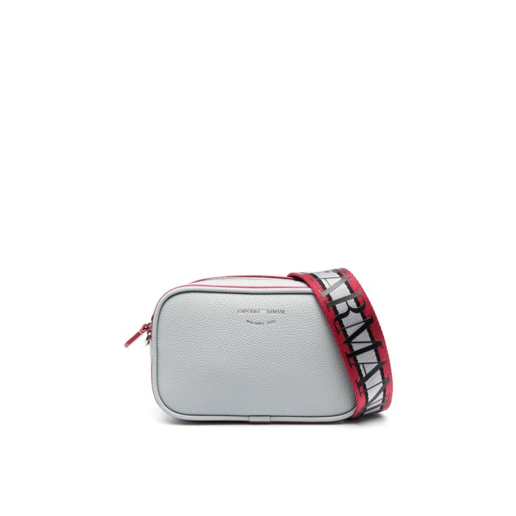 EMPORIO ARMANI MINI BAG POLVERE/MELOGRANO CON TRACOLLA IN NASTRO CON LOGO LETTERING ALL OVER REGOLABILE ESTRAIBILE