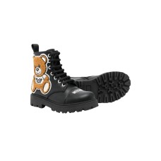 MOSCHINO MAXI TEDDY PATCH ANKLE BOOTS LACE UP BLACK