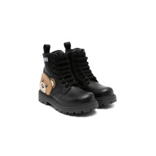 MOSCHINO MAXI TEDDY PATCH ANKLE BOOTS LACE UP BLACK