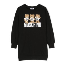 MOSCHINO ABITO A MANICA LUNGA IN COTONE NERO CON LOGO LETTERING E STAMPA TEDDY BEAR