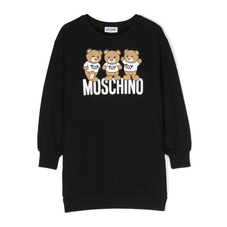 MOSCHINO ABITO A MANICA LUNGA IN COTONE NERO CON LOGO LETTERING E STAMPA TEDDY BEAR