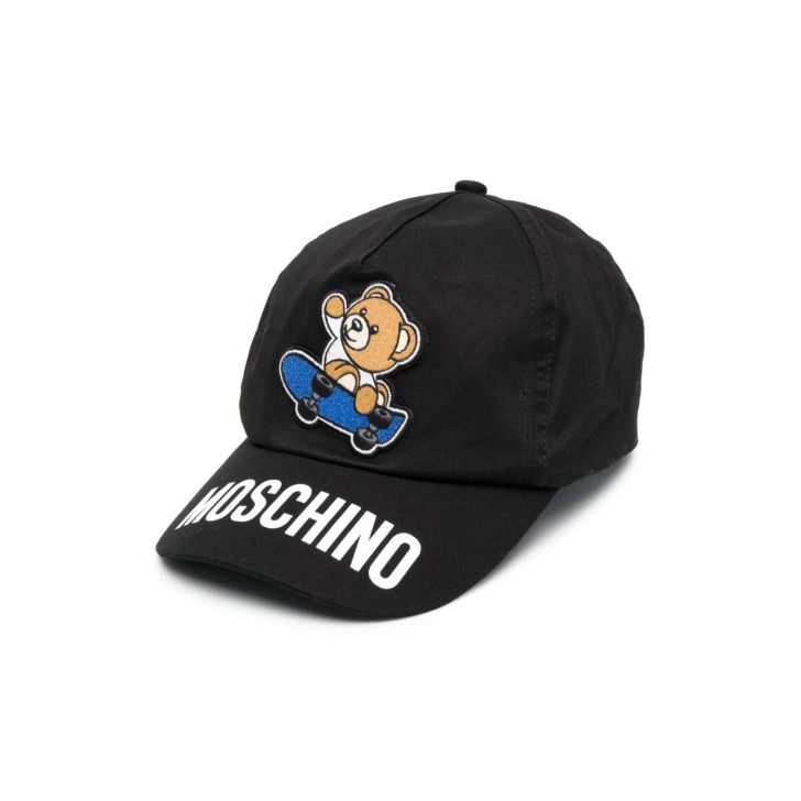 MOSCHINO CAPPELLO NERO CON LOGO LETTERING E PATCH TEDDY 