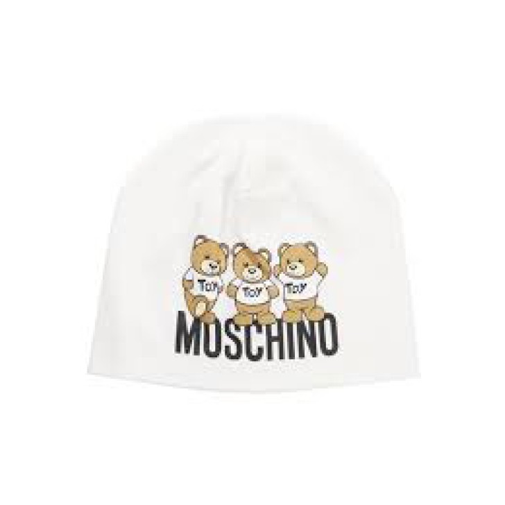 MOSCHINO CAPPELLO BIANCO CON LOGO LETTERING E TEDDY