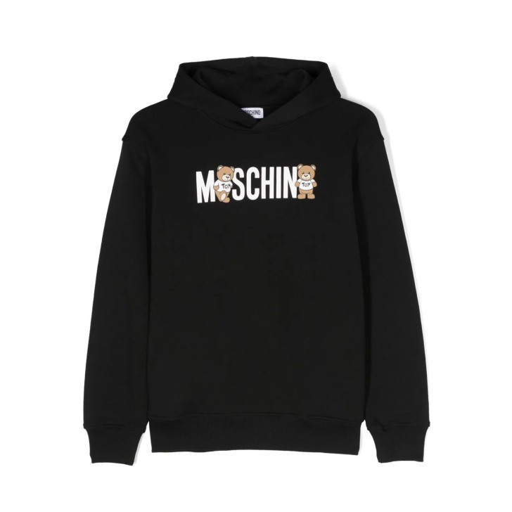 MOSCHINO FELPA CON CAPPUCCIO NERA UNISEX IN COTONE CON LOGO LETTERING E STAMPA TEDDY BEAR