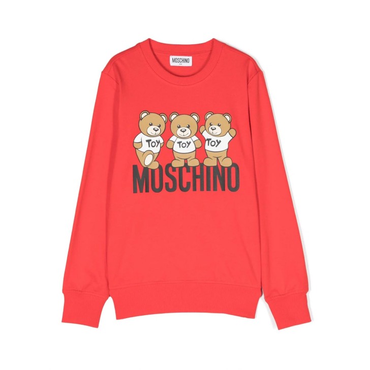 MOSCHINO FELPA UNISEX A GIROCOLLO IN COTONE ROSSA CON STAMPA TEDDY BEAR E LOGO LETTERING