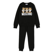 MOSCHINO COMPLETO FELPA E PANTALONE UNISEX IN COTONE NERO CON STAMPA TEDDY BEAR E LOGO LETTERING