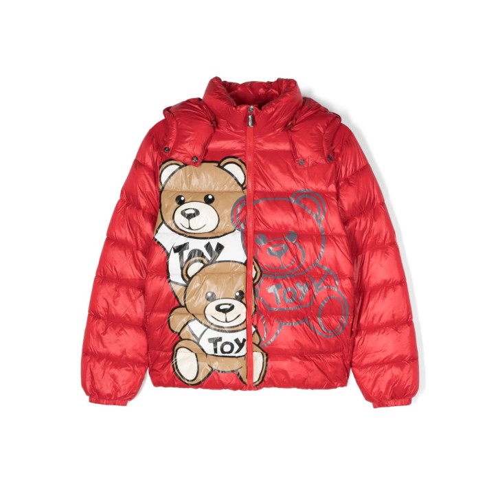 MOSCHINO GIUBBOTTO UNISEX ROSSO CON CAPPUCCIO E STAMPA TEDDY BEAR