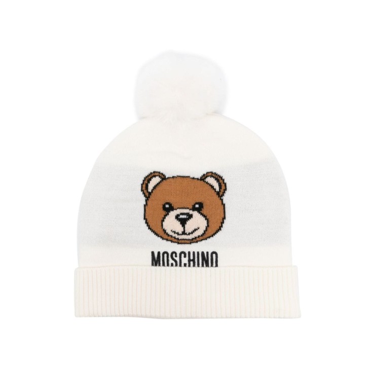 MOSCHINO CAPPELLO BIANCO CON PON PON E PATCH TEDDY 