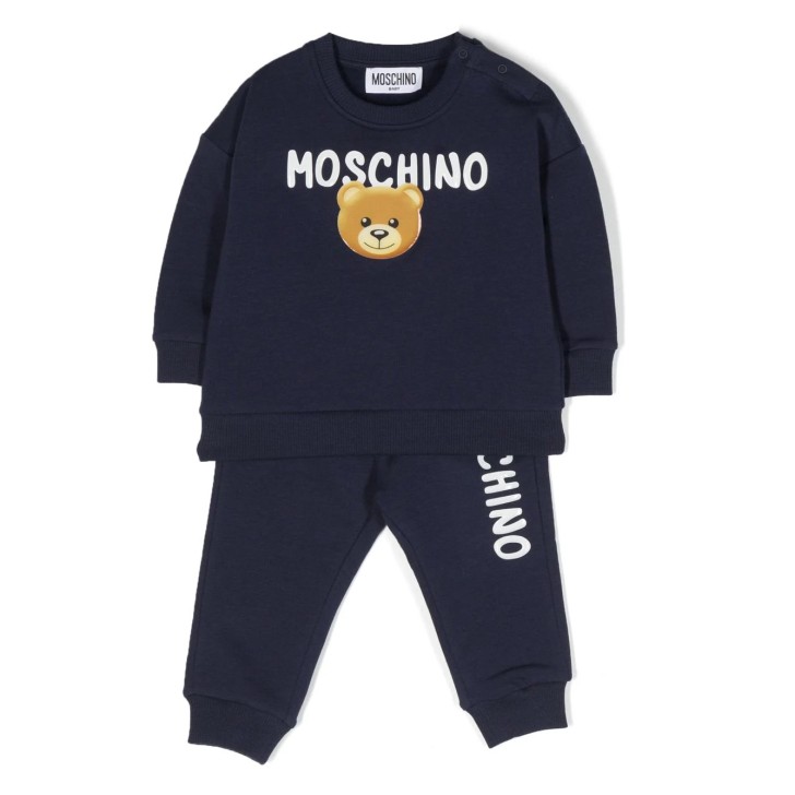 MOSCHINO COMPLETO UNISEX FELPA E PANTALONE IN COTONE CON LOGO LETTERING E TEDDY BEAR BLU NAVY