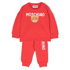 MOSCHINO COMPLETO UNISEX FELPA E PANTALONE IN COTONE CON LOGO LETTERING E TEDDY BEAR ROSSO