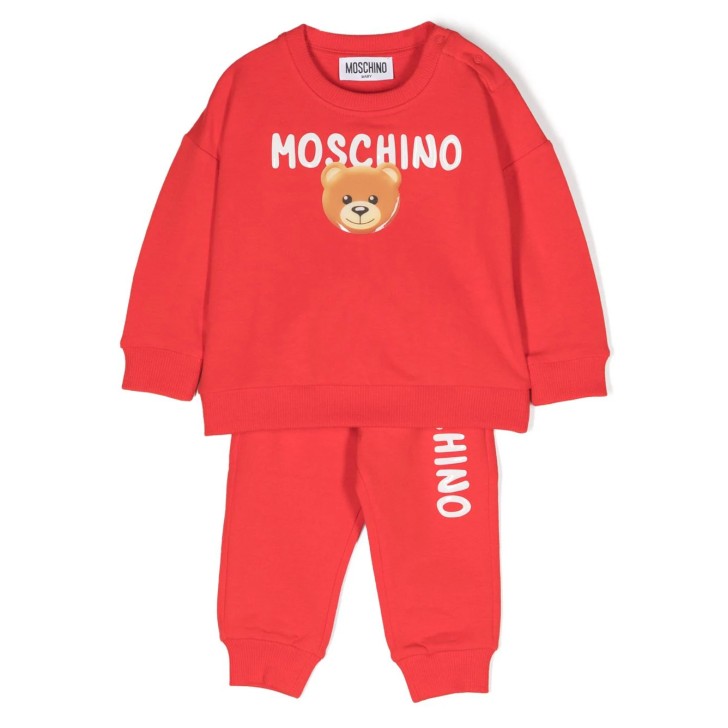 MOSCHINO COMPLETO UNISEX FELPA E PANTALONE IN COTONE CON LOGO LETTERING E TEDDY BEAR ROSSO