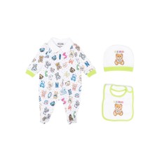 MOSCHINO SET UNISEX TUTINA BAVAGLINO E CAPPELLINO BIANCO CON LOGO TEDDY BEAR ALL OVER