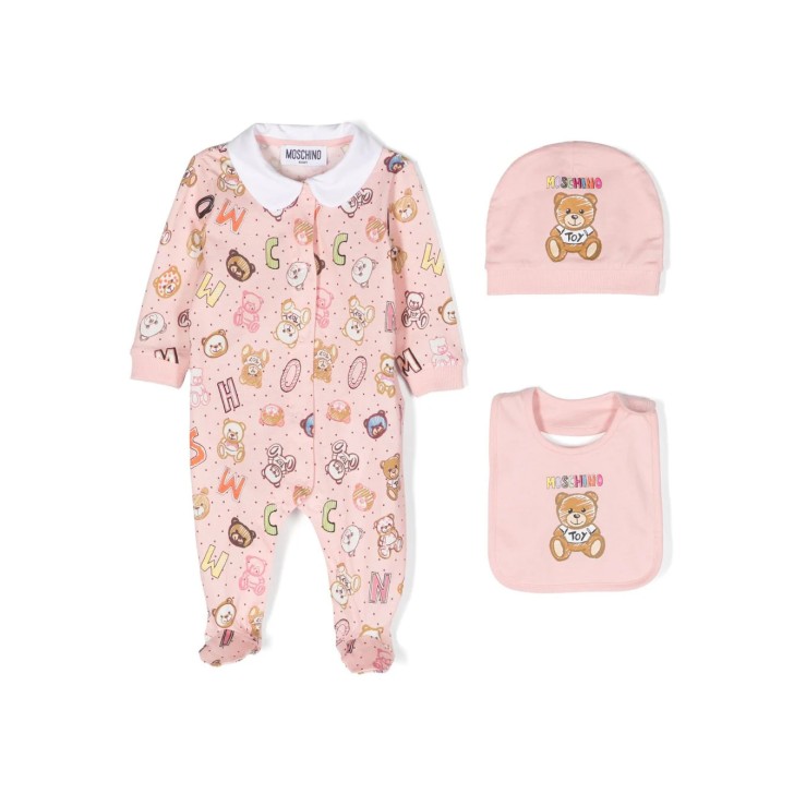 MOSCHINO SET TUTINA BAVAGLINO E CAPPELLINO ROSA CON LOGO TEDDY BEAR ALL OVER