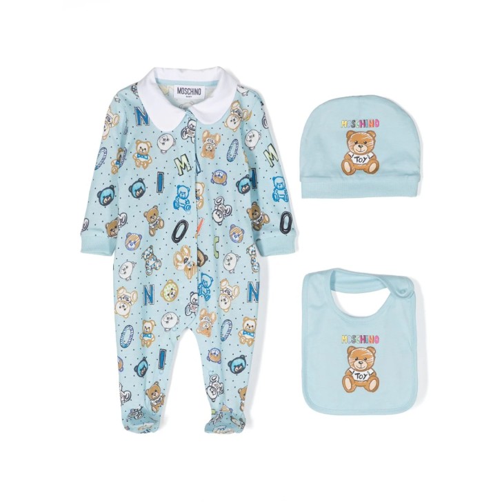 MOSCHINO SET TUTINA BAVAGLINO E CAPPELLINO AZZURRO CON LOGO TEDDY BEAR ALL OVER