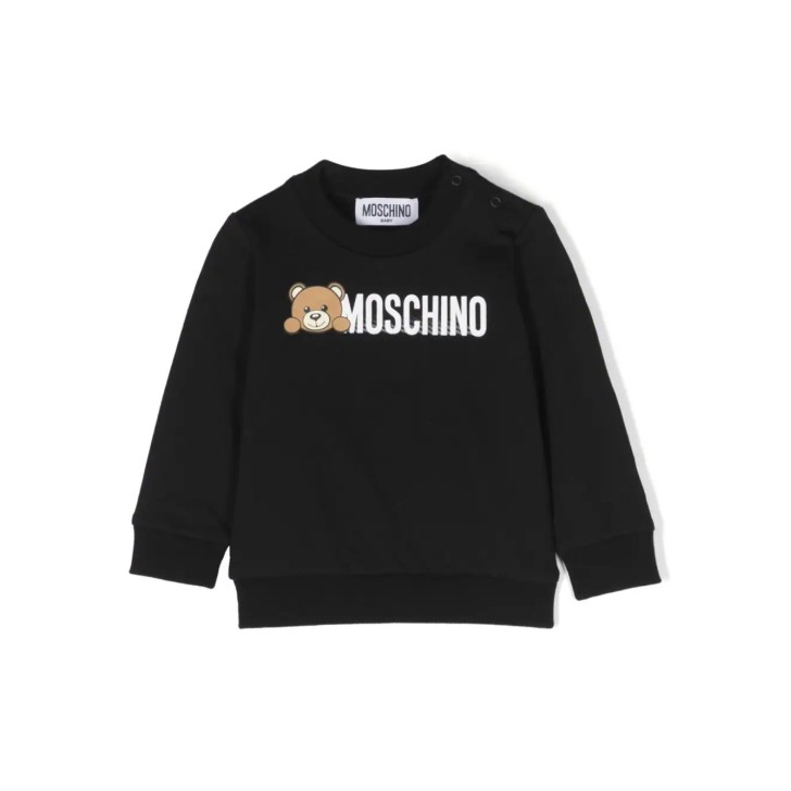 MOSCHINO FELPA NERA UNISEX A GIROCOLLO IN COTONE CON LOGO LETTERING E STAMPA TEDDY 